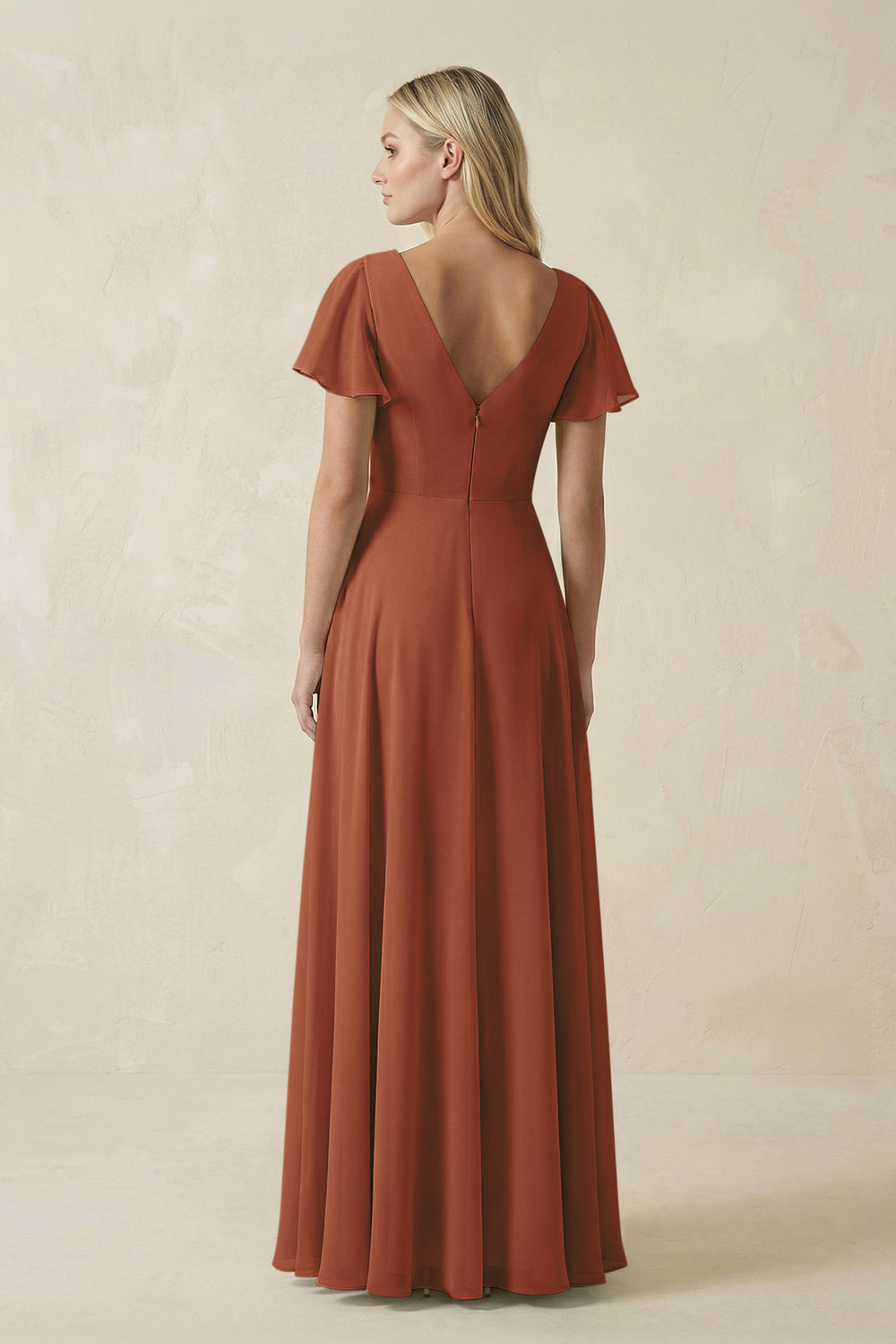 V-Neck Flutter Sleeve A-Line Chiffon Bridesmaid Dress in Terracotta