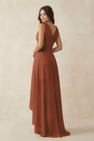 Terracotta V-Neck High-Low Chiffon Bridesmaid Dress (2) | KISSBRIDAL