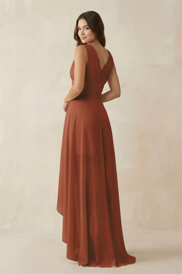 Terracotta V-Neck High-Low Chiffon Bridesmaid Dress (2) | KISSBRIDAL