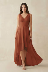 Terracotta V-Neck High-Low Chiffon Bridesmaid Dress | KISSBRIDAL