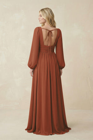 Terracotta V-Neck Long Sleeve A-Line Chiffon Bridesmaid Dress (2) | KISSBRIDAL