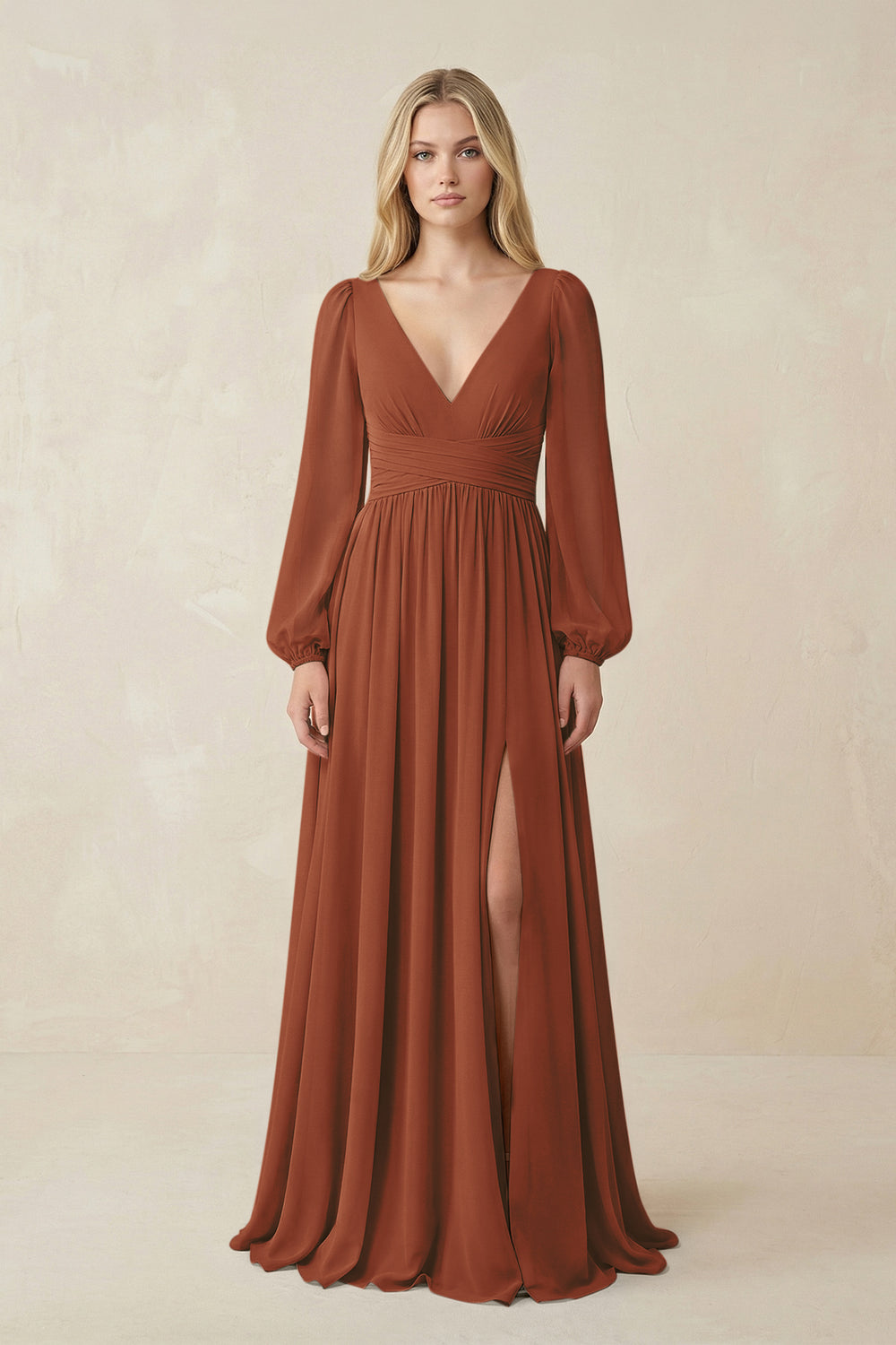 V-Neck Long Sleeve A-Line Chiffon Bridesmaid Dress in Terracotta