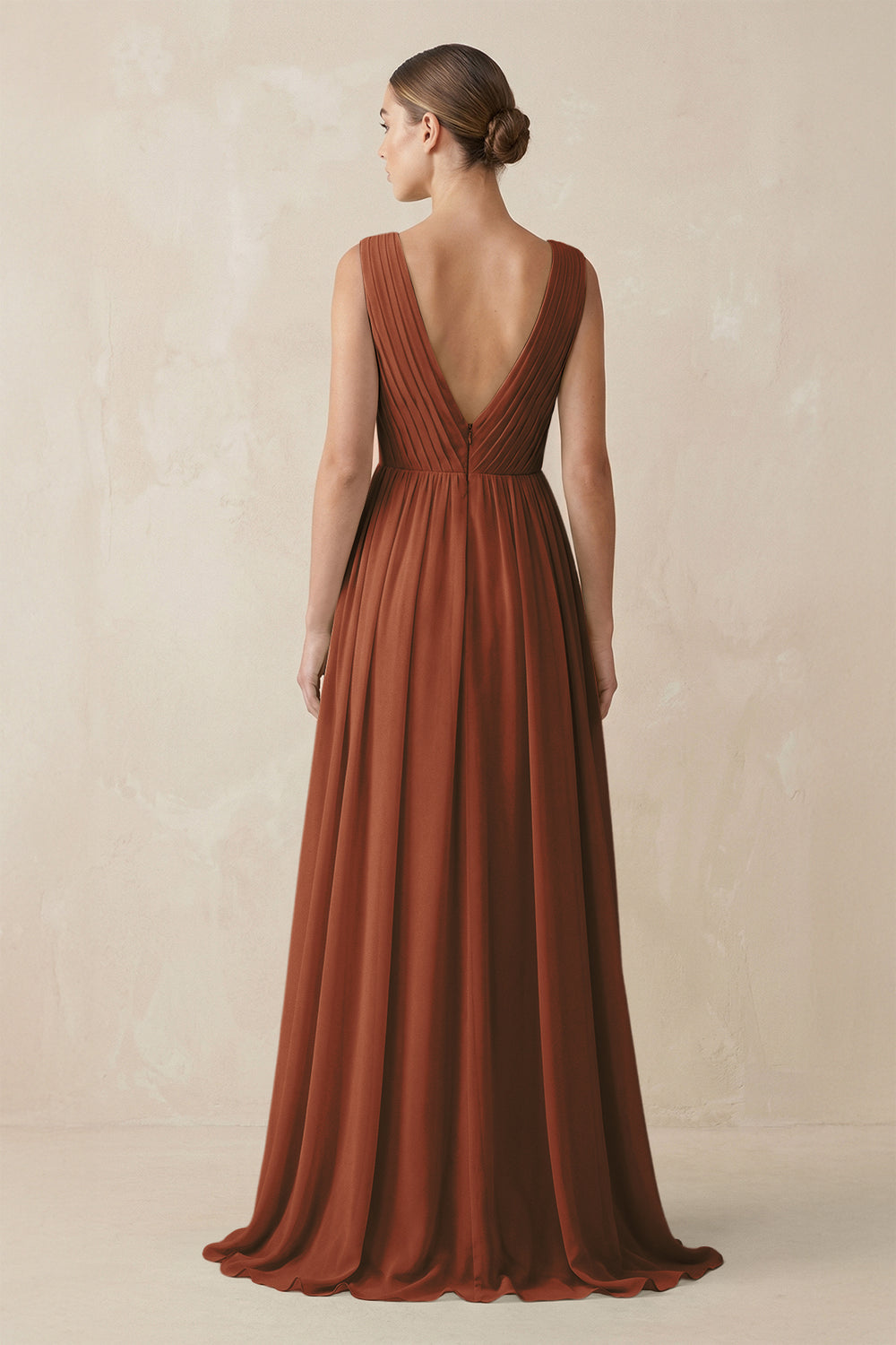 V-Neck Pleated A-Line Chiffon Bridesmaid Dress in Terracotta