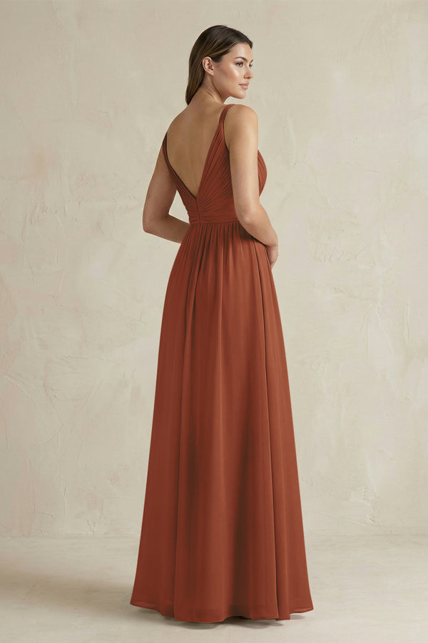 Terracotta V-Neck Pleated A-Line Chiffon Bridesmaid Dress (2) | KISSBRIDAL