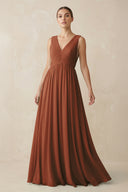 Terracotta V-Neck Pleated A-Line Chiffon Bridesmaid Dress | KISSBRIDAL
