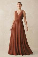Terracotta V-Neck Pleated A-Line Chiffon Bridesmaid Dress | KISSBRIDAL