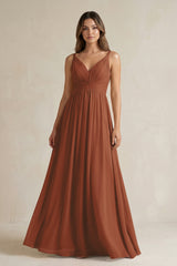 Terracotta V-Neck Pleated A-Line Chiffon Bridesmaid Dress | KISSBRIDAL