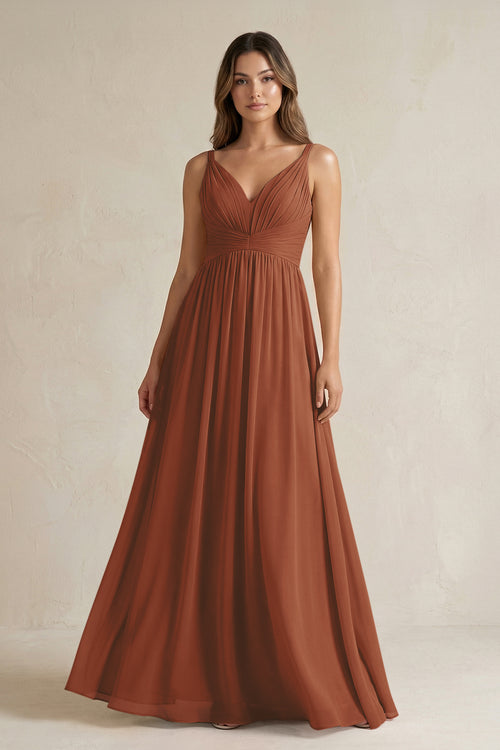 Terracotta V-Neck Pleated A-Line Chiffon Bridesmaid Dress | KISSBRIDAL