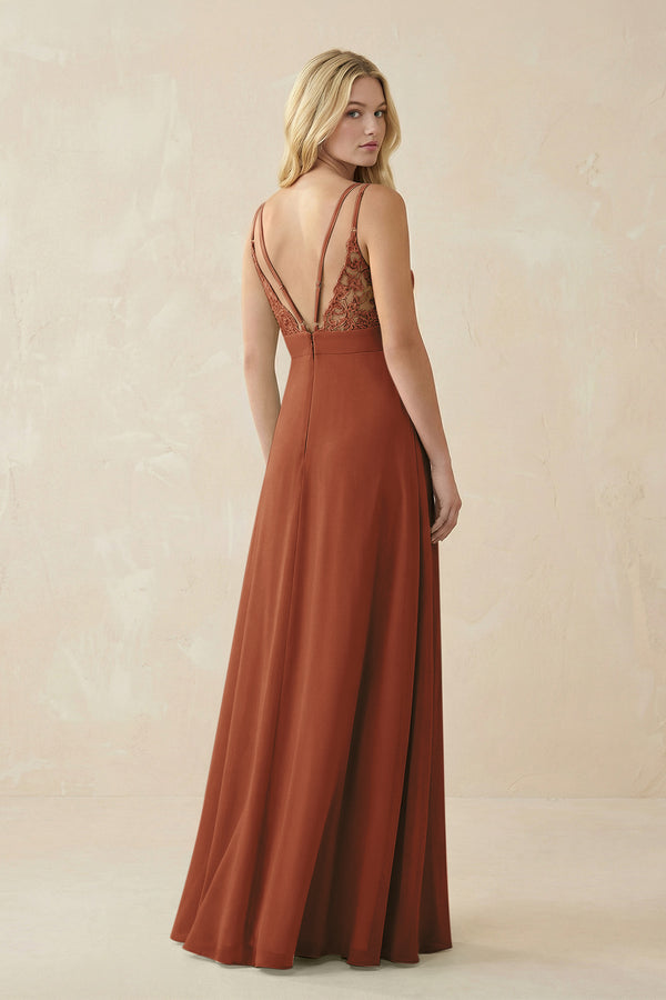 Terracotta V-Neck Ruched Chiffon Bridesmaid Dress with Slit (2) | KISSBRIDAL