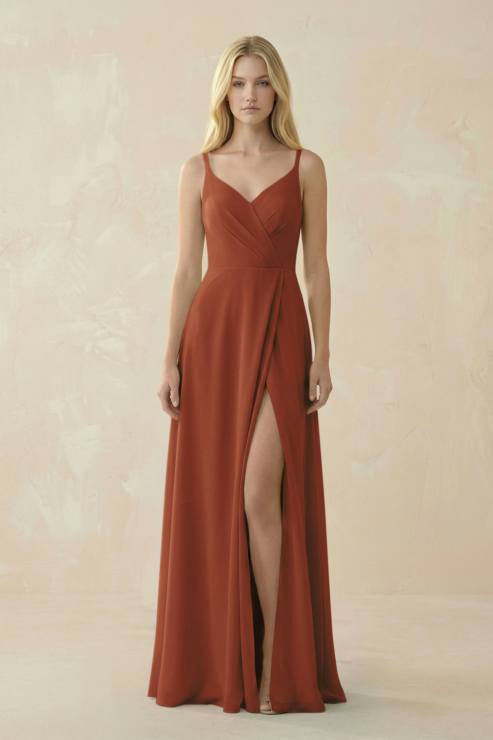 V-Neck Ruched Chiffon Bridesmaid Dress with Slit in Terracotta