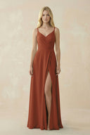 Terracotta V-Neck Ruched Chiffon Bridesmaid Dress with Slit | KISSBRIDAL
