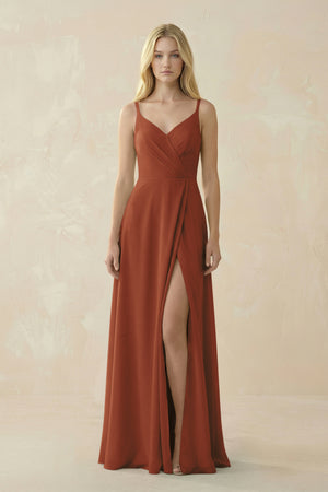 Terracotta V-Neck Ruched Chiffon Bridesmaid Dress with Slit | KISSBRIDAL