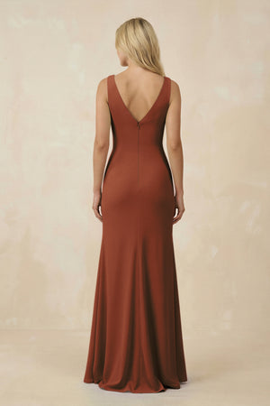 Terracotta V-Neck Ruched Sheath Bridesmaid Dress with Slit (2) | KISSBRIDAL