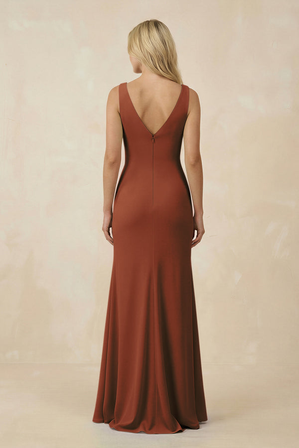 Terracotta V-Neck Ruched Sheath Bridesmaid Dress with Slit (2) | KISSBRIDAL