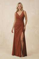 Terracotta V-Neck Ruched Sheath Bridesmaid Dress with Slit | KISSBRIDAL