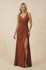 Terracotta V-Neck Ruched Sheath Bridesmaid Dress with Slit | KISSBRIDAL