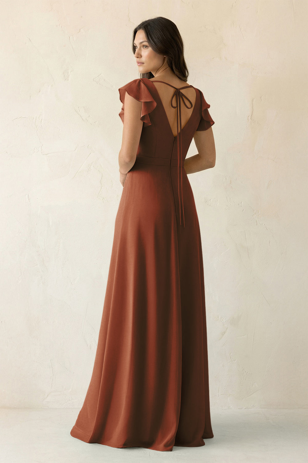V-Neck Ruffled A-Line Chiffon Bridesmaid Dress in Terracotta