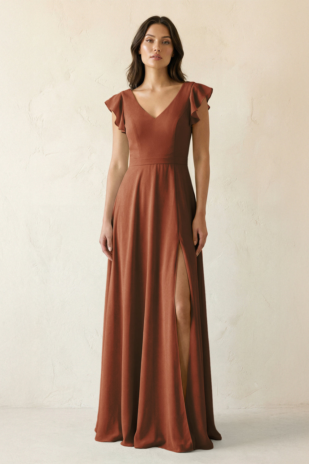 V-Neck Ruffled A-Line Chiffon Bridesmaid Dress in Terracotta