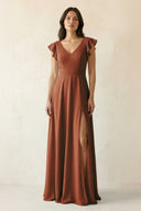 Terracotta V-Neck Ruffled A-Line Chiffon Bridesmaid Dress | KISSBRIDAL