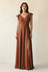 Terracotta V-Neck Ruffled A-Line Chiffon Bridesmaid Dress | KISSBRIDAL
