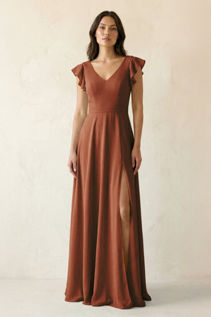 Terracotta V-Neck Ruffled A-Line Chiffon Bridesmaid Dress | KISSBRIDAL