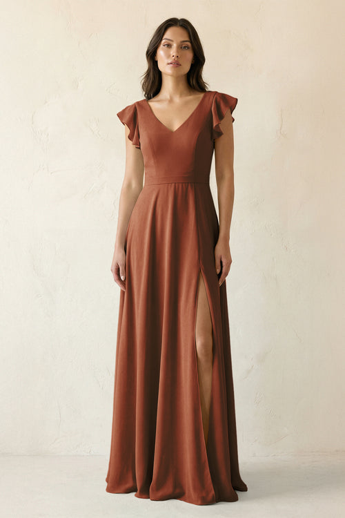 Terracotta V-Neck Ruffled A-Line Chiffon Bridesmaid Dress | KISSBRIDAL