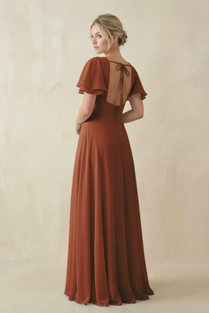 Terracotta V-Neck Ruffled Short Sleeves A-Line Bridesmaid Dress (2) | KISSBRIDAL