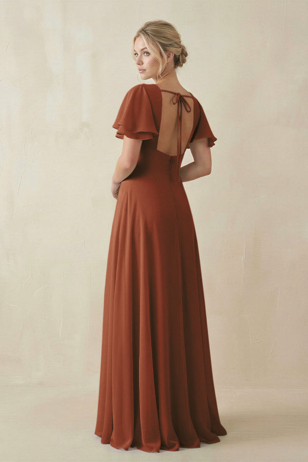 Terracotta V-Neck Ruffled Short Sleeves A-Line Bridesmaid Dress (2) | KISSBRIDAL