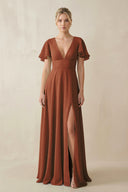 Terracotta V-Neck Ruffled Short Sleeves A-Line Bridesmaid Dress | KISSBRIDAL