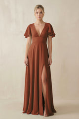 Terracotta V-Neck Ruffled Short Sleeves A-Line Bridesmaid Dress | KISSBRIDAL