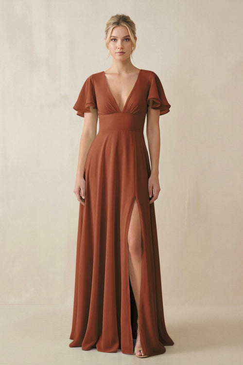Terracotta V-Neck Ruffled Short Sleeves A-Line Bridesmaid Dress | KISSBRIDAL