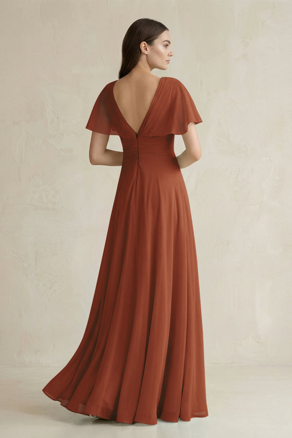Terracotta V-Neck Ruffled Sleeve A-Line Chiffon Bridesmaid Dress (2) | KISSBRIDAL
