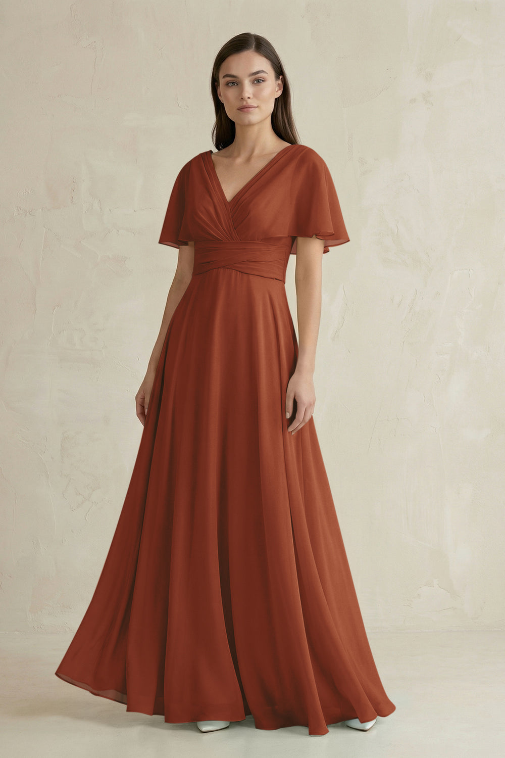 V-Neck Ruffled Sleeve A-Line Chiffon Bridesmaid Dress in Terracotta