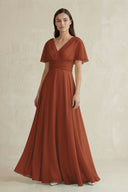 Terracotta V-Neck Ruffled Sleeve A-Line Chiffon Bridesmaid Dress | KISSBRIDAL