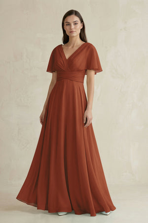 Terracotta V-Neck Ruffled Sleeve A-Line Chiffon Bridesmaid Dress | KISSBRIDAL