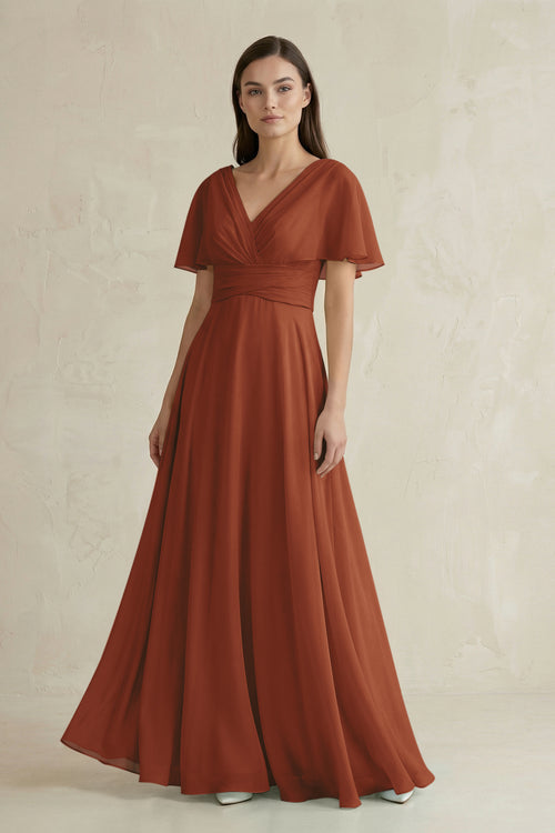 Terracotta V-Neck Ruffled Sleeve A-Line Chiffon Bridesmaid Dress | KISSBRIDAL