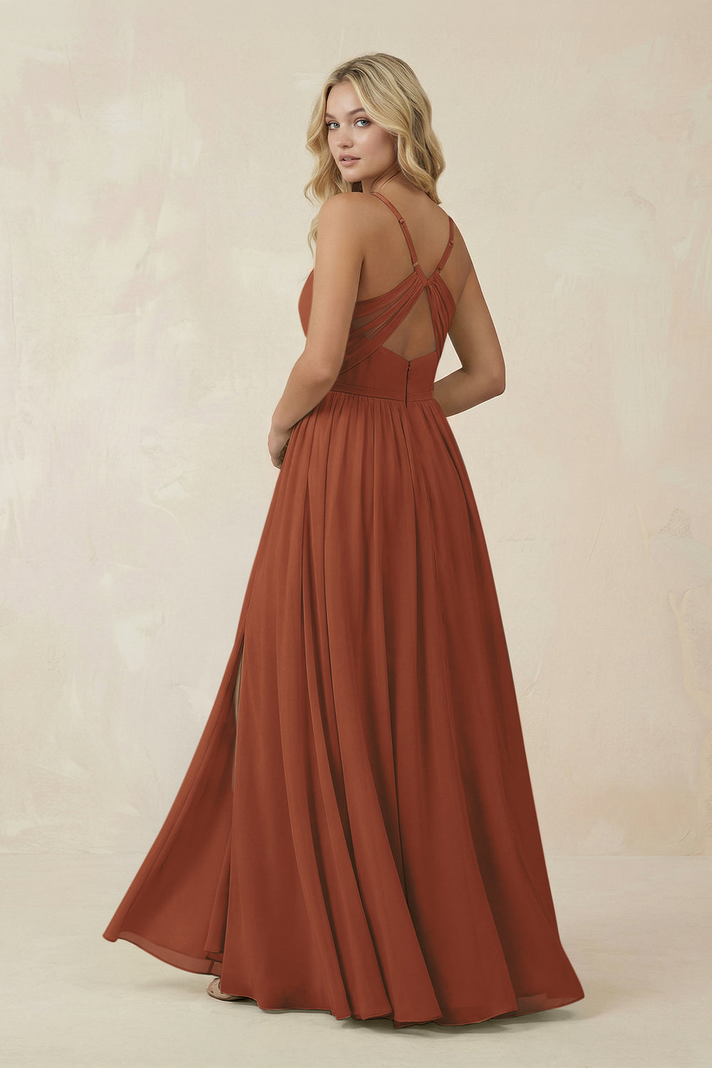 V-Neck Spaghetti Strap A-Line Chiffon Bridesmaid Dress in Terracotta