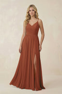 Terracotta V-Neck Spaghetti Strap A-Line Chiffon Bridesmaid Dress | KISSBRIDAL