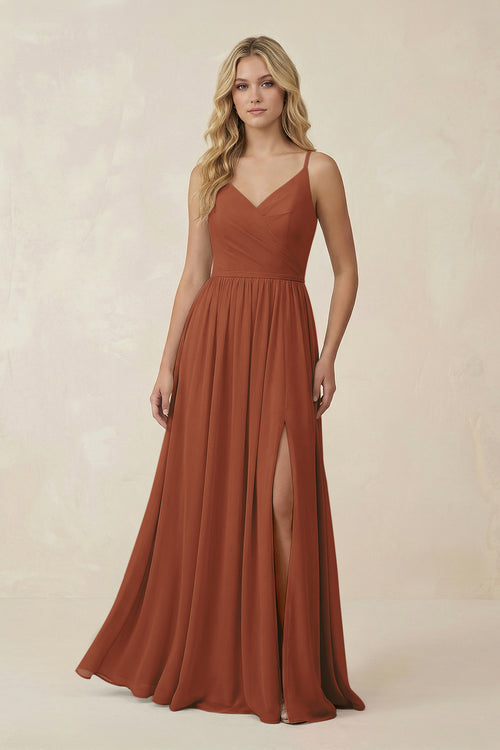 Terracotta V-Neck Spaghetti Strap A-Line Chiffon Bridesmaid Dress | KISSBRIDAL