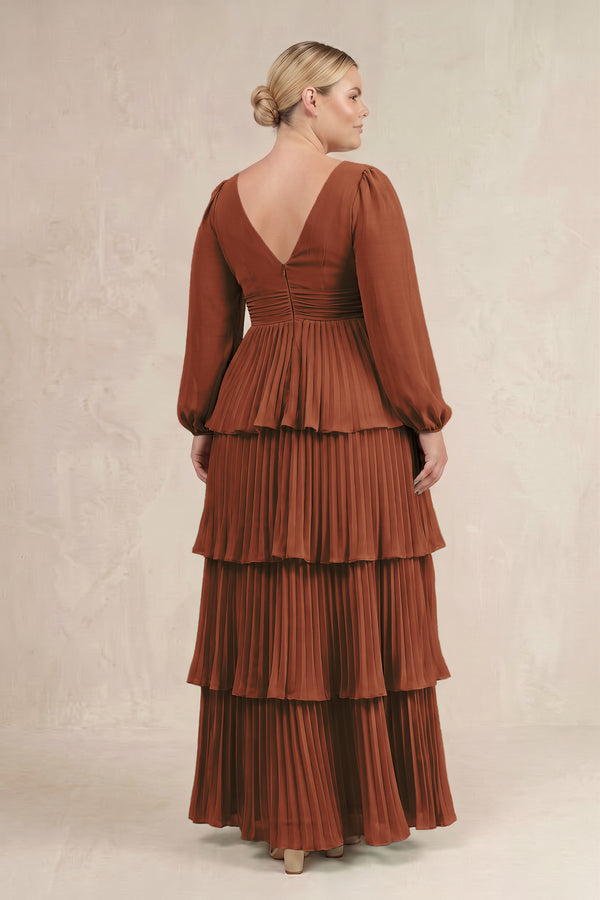 Terracotta V-Neck Tiered A-Line Long Sleeve Bridesmaid Dress (4) [sizeplus] | KISSBRIDAL