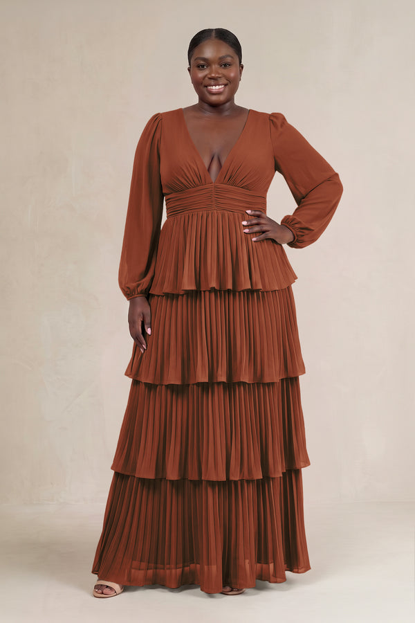 Terracotta V-Neck Tiered A-Line Long Sleeve Bridesmaid Dress [sizeplus] | KISSBRIDAL