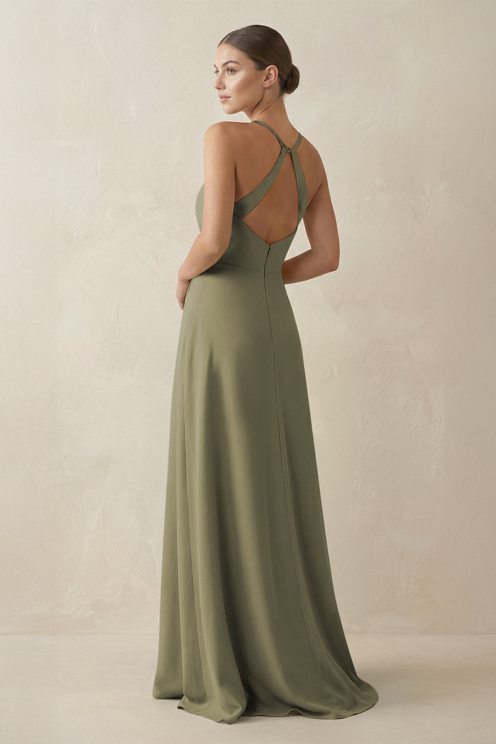 A-Line Chiffon Long Bridesmaid Dress With Slit in Thyme