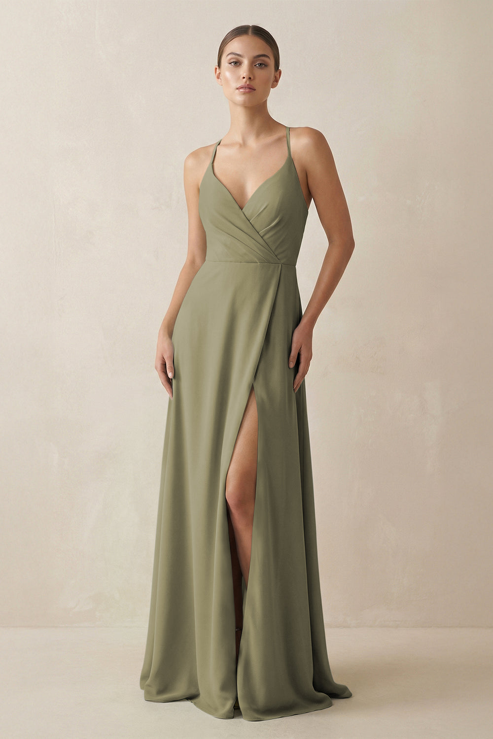 A-Line Chiffon Long Bridesmaid Dress With Slit in Thyme