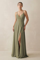 Thyme A-Line Chiffon Long Bridesmaid Dress With Slit | KISSBRIDAL