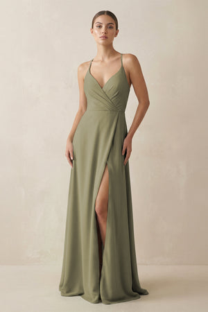 Thyme A-Line Chiffon Long Bridesmaid Dress With Slit | KISSBRIDAL