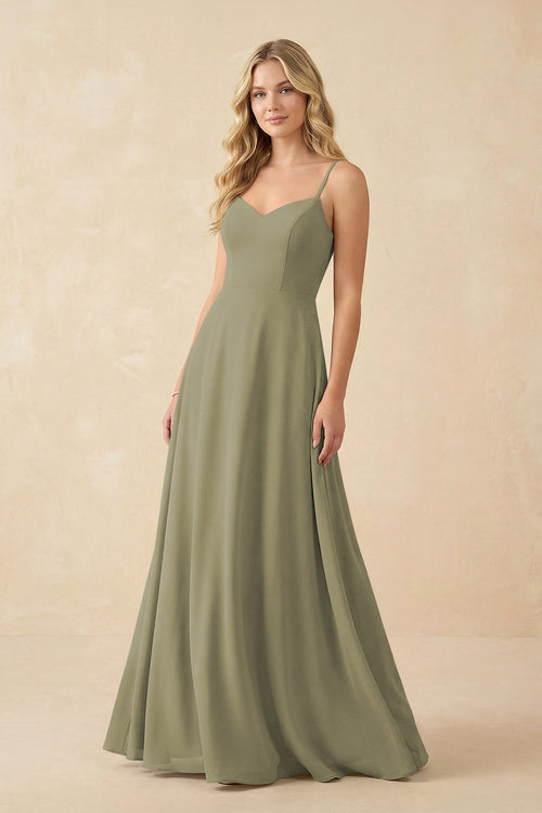 Thyme A-Line Chiffon Spaghetti Strap Bridesmaid Dress | KISSBRIDAL