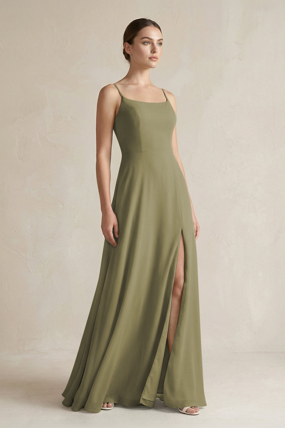 A-Line Chiffon Spaghetti Strap Bridesmaid Dress in Thyme