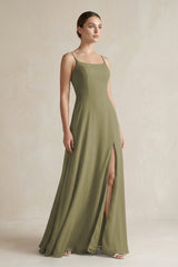 Thyme A-Line Chiffon Spaghetti Strap Bridesmaid Dress | KISSBRIDAL