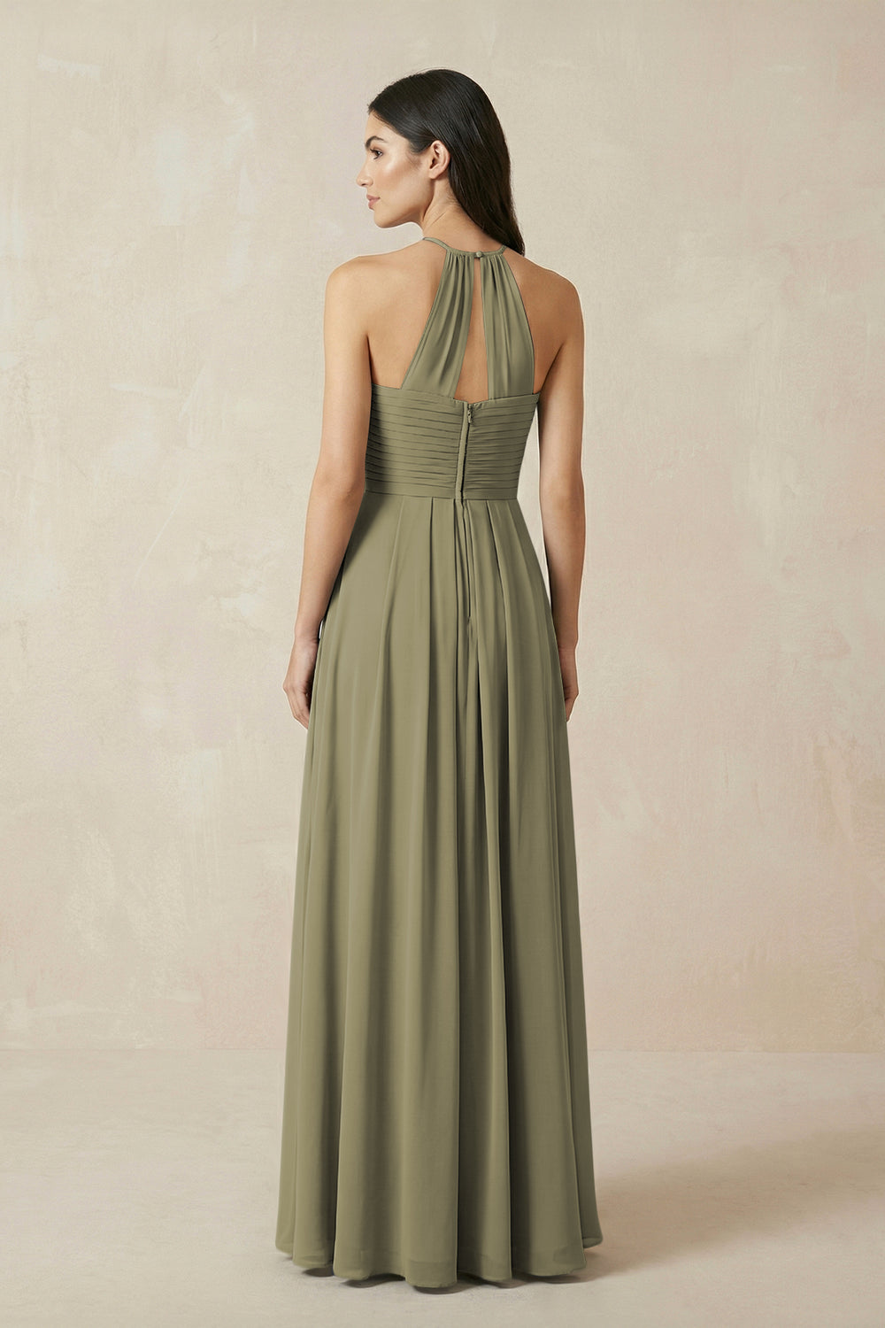 A-Line Halter Neck Pleated Chiffon Bridesmaid Dress in Thyme