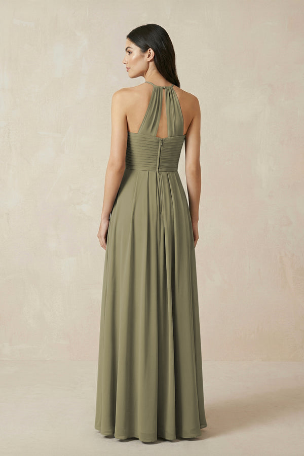 Thyme A-Line Halter Neck Pleated Chiffon Bridesmaid Dress (2) | KISSBRIDAL